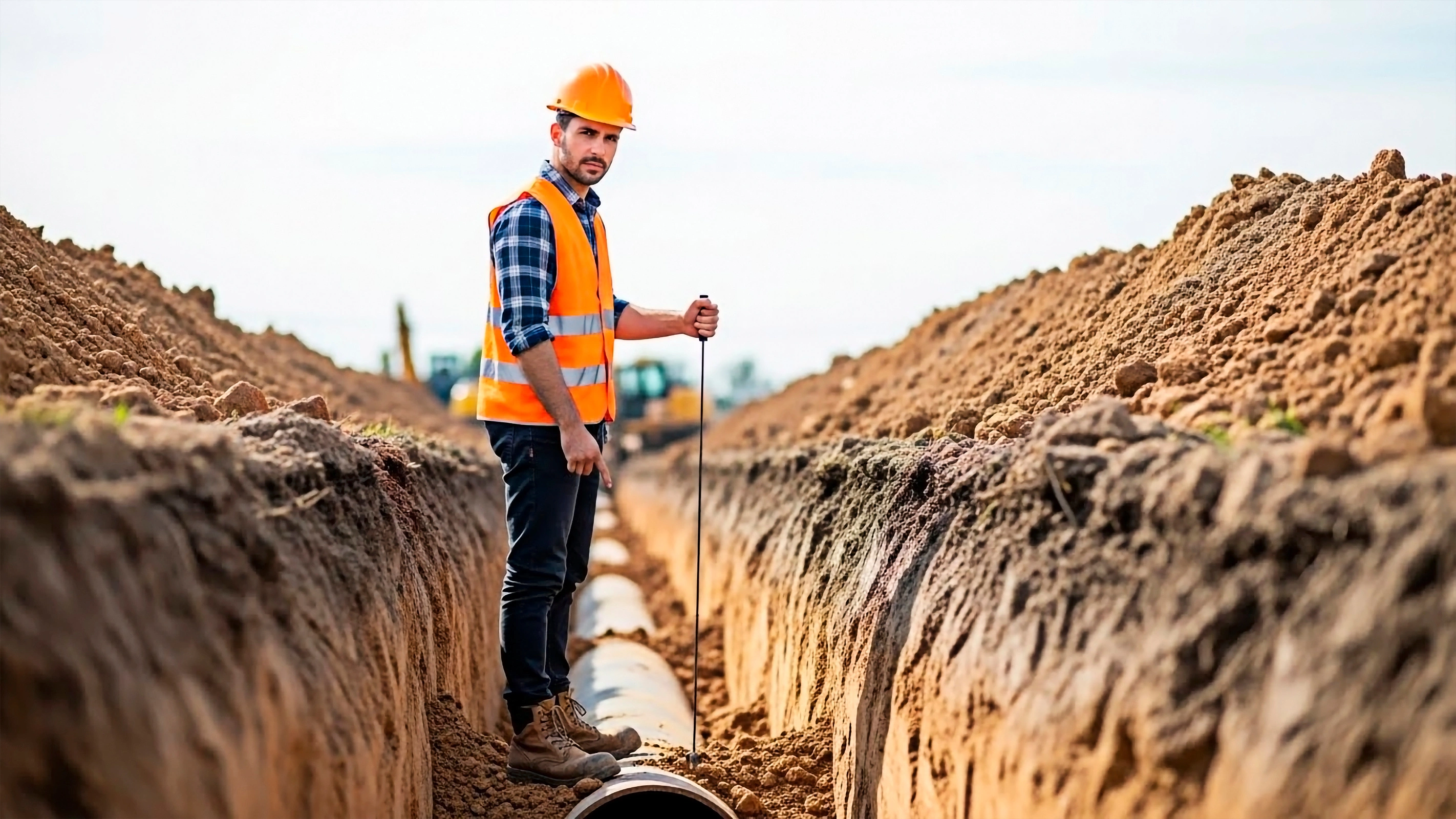 Construction worker inspecting pipeline inside utility trench during excavation project in Los Angeles