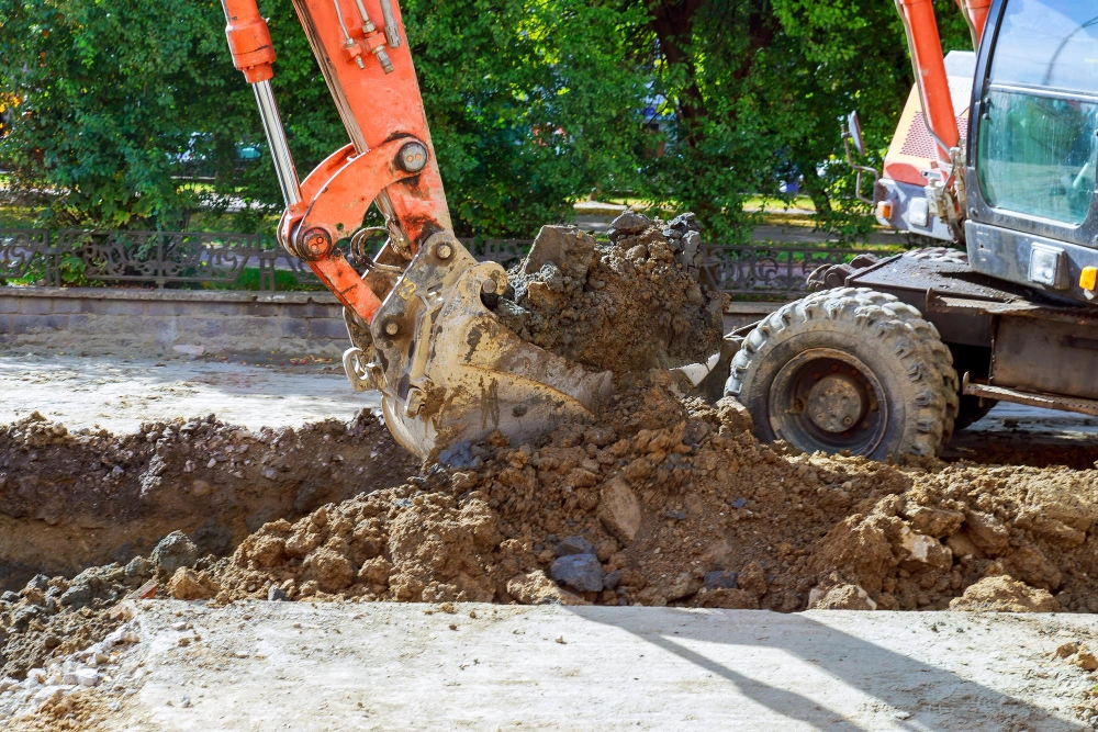 Excavator removing soil during trench excavation for underground utilities in Los Angeles